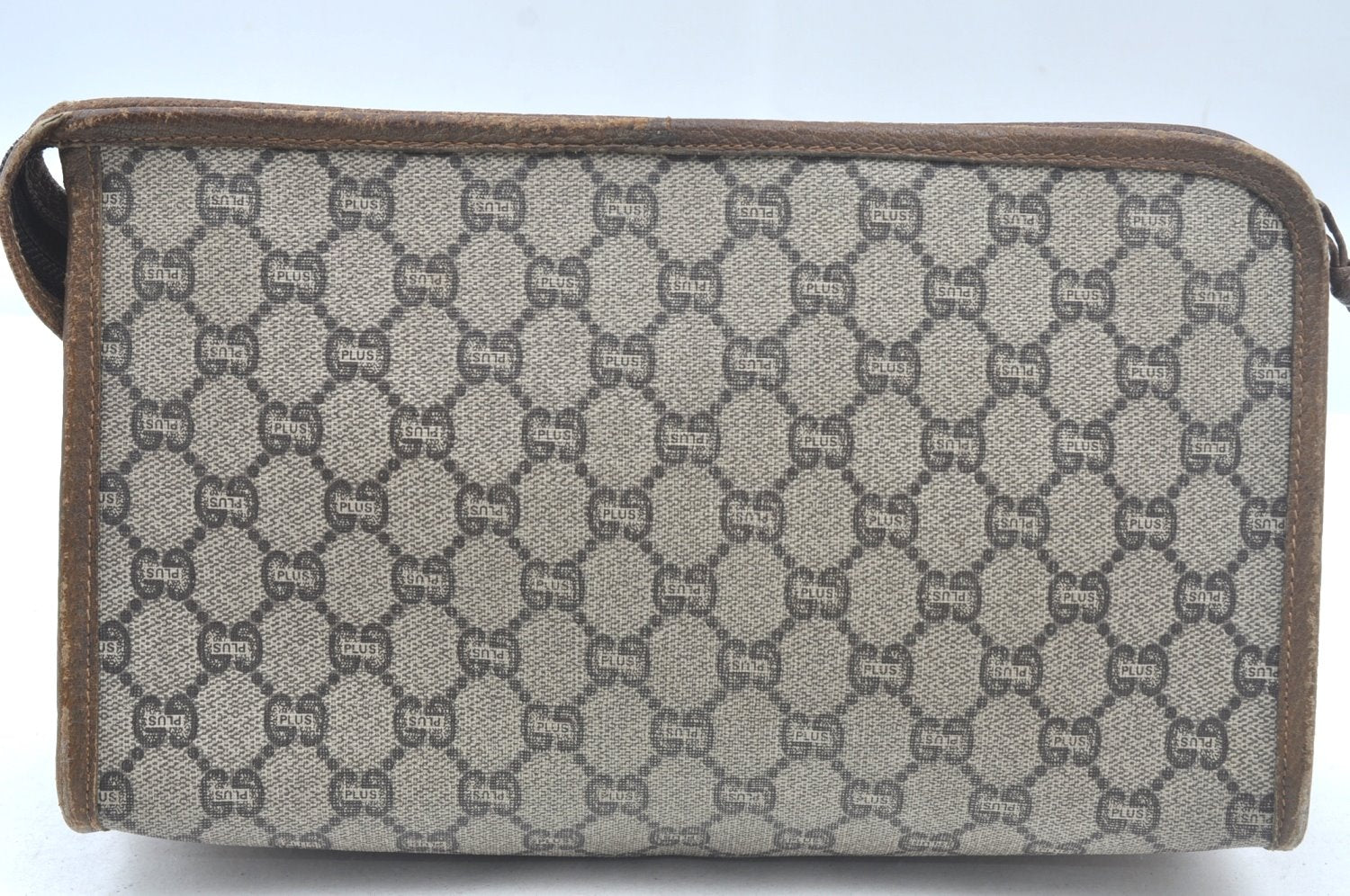Authentic GUCCI GG Plus Vintage Clutch Hand Bag Purse PVC Leather Brown K7025