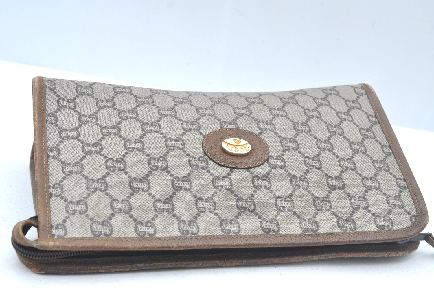 Authentic GUCCI GG Plus Vintage Clutch Hand Bag Purse PVC Leather Brown K7025