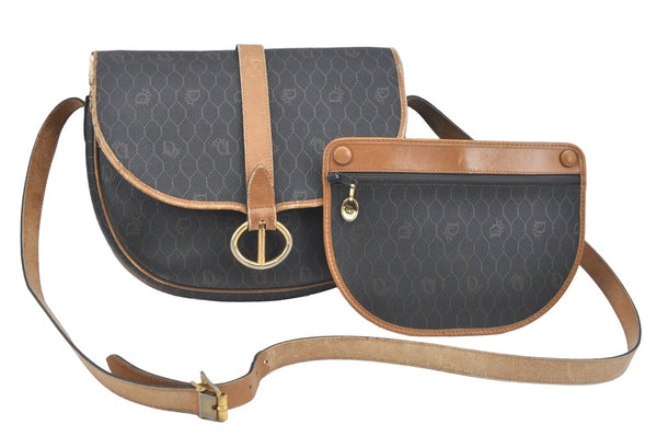 Authentic Christian Dior Honeycomb Shoulder Cross Bag PVC Leather Black K7048
