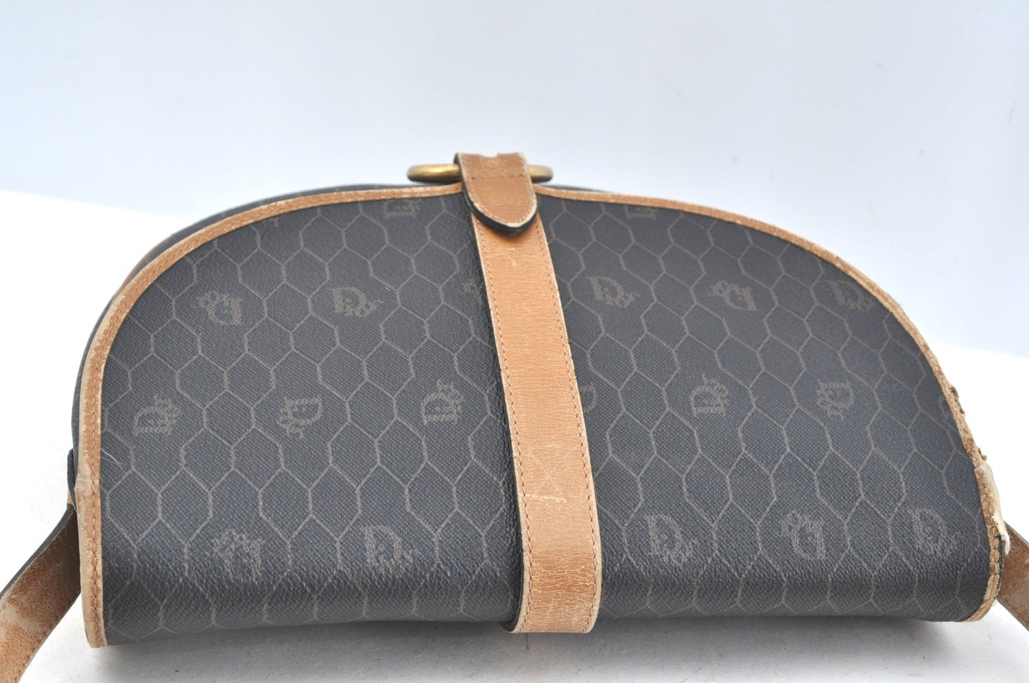 Authentic Christian Dior Honeycomb Shoulder Cross Bag PVC Leather Black K7048