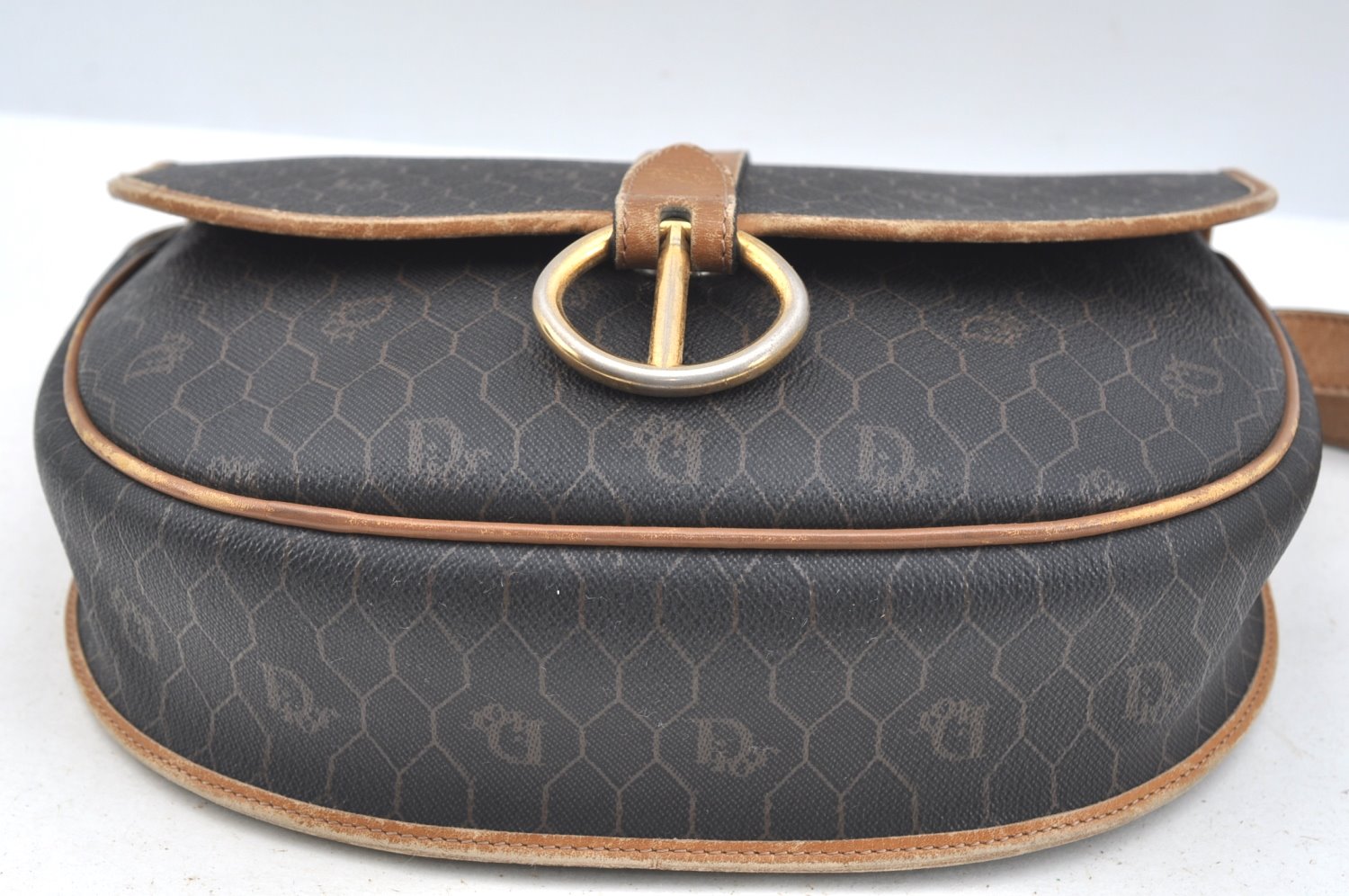 Authentic Christian Dior Honeycomb Shoulder Cross Bag PVC Leather Black K7048
