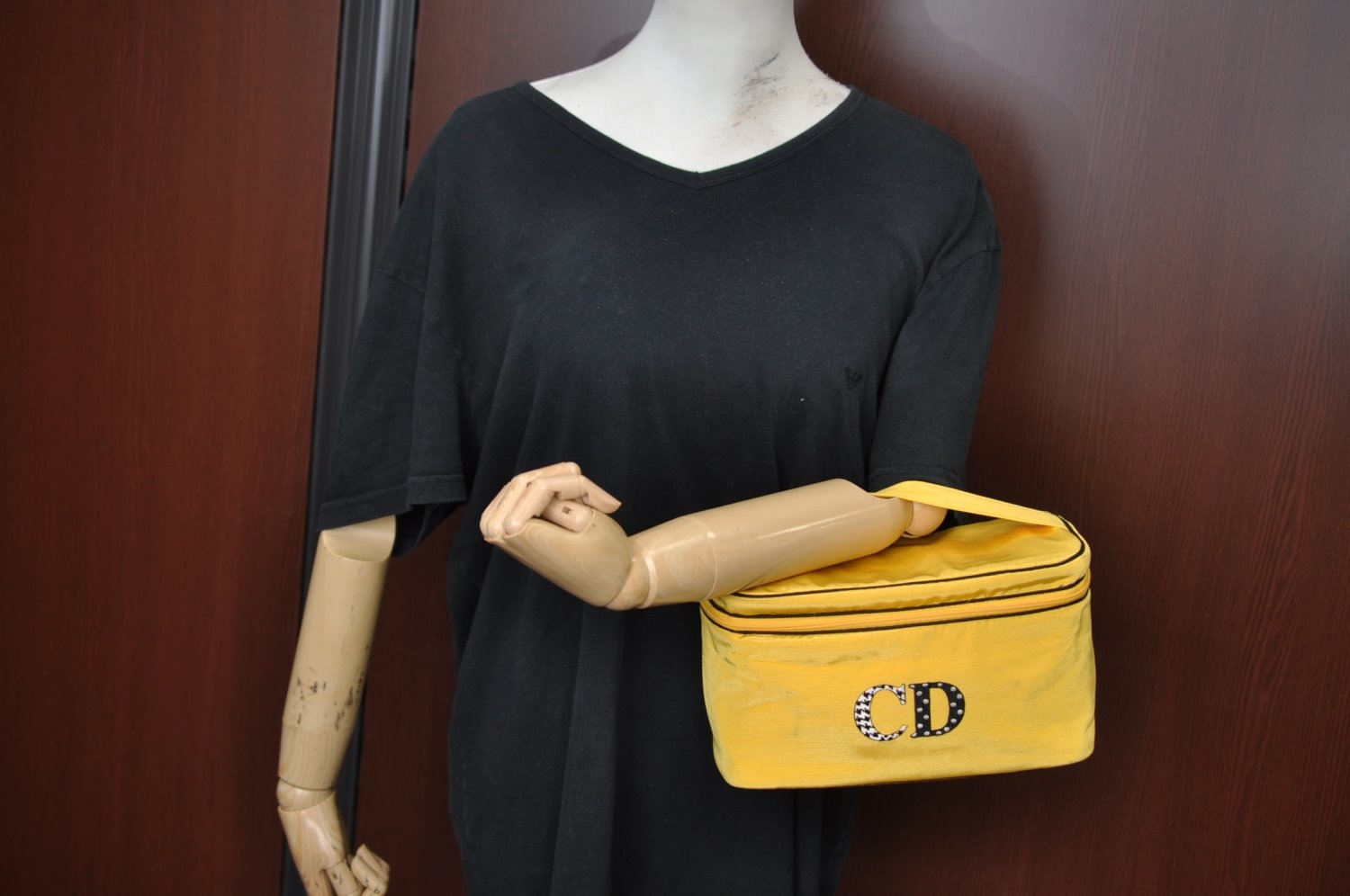 Authentic Christian Dior Vanity Hand Bag Pouch Purse Nylon Yellow CD K7088