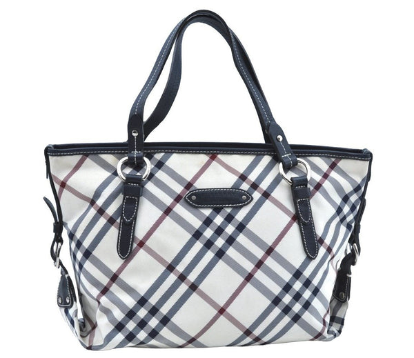 Authentic BURBERRY BLUE LABEL Check Shoulder Tote Bag Nylon Leather White K7090