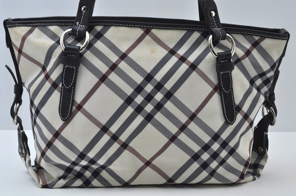 Authentic BURBERRY BLUE LABEL Check Shoulder Tote Bag Nylon Leather White K7090