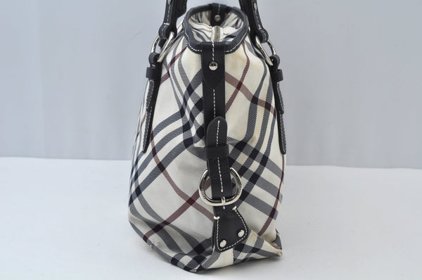 Authentic BURBERRY BLUE LABEL Check Shoulder Tote Bag Nylon Leather White K7090