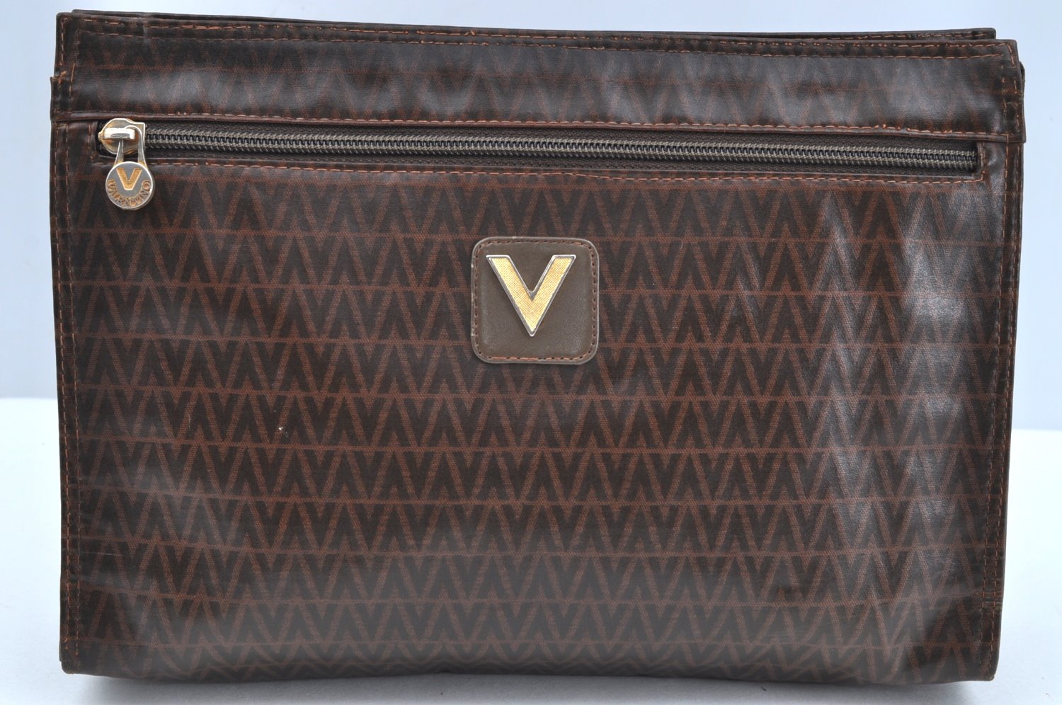 Authentic MARIO VALENTINO V Logo Clutch Hand Bag Purse PVC Leather Brown K7094