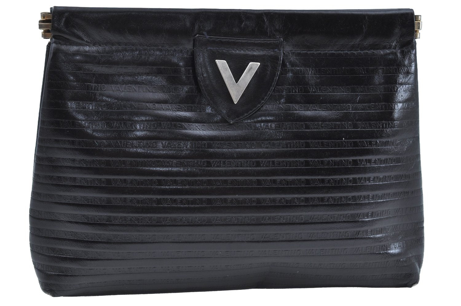 Authentic MARIO VALENTINO Logo Clutch Hand Bag Purse Leather Black K7095