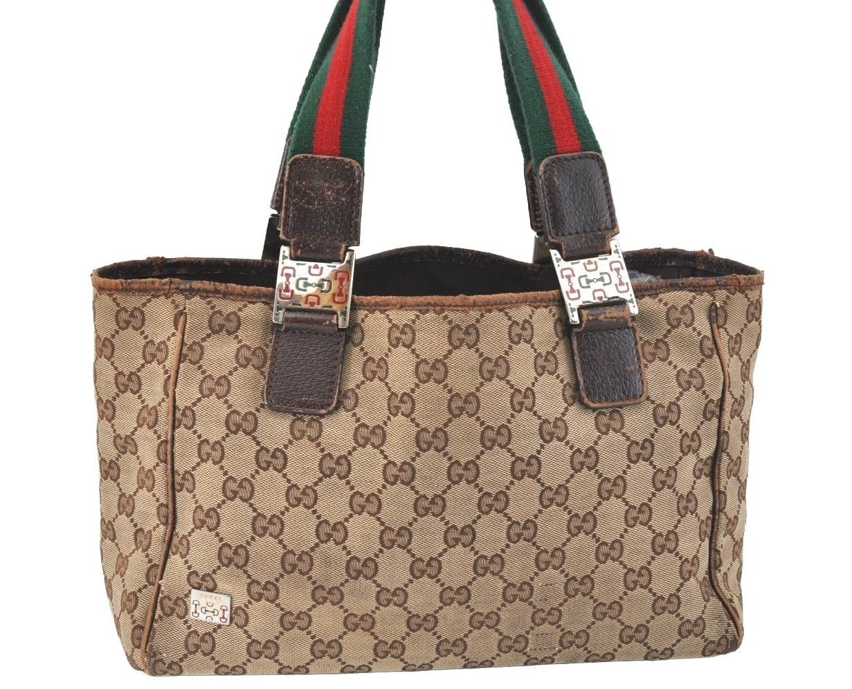 Authentic GUCCI Web Sherry Line Tote Bag GG Canvas Leather 145810 Brown K7126