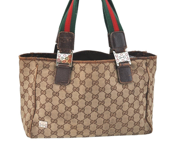 Authentic GUCCI Web Sherry Line Tote Bag GG Canvas Leather 145810 Brown K7126