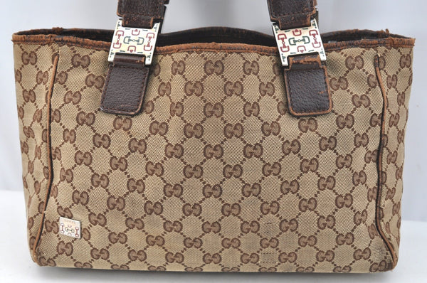 Authentic GUCCI Web Sherry Line Tote Bag GG Canvas Leather 145810 Brown K7126