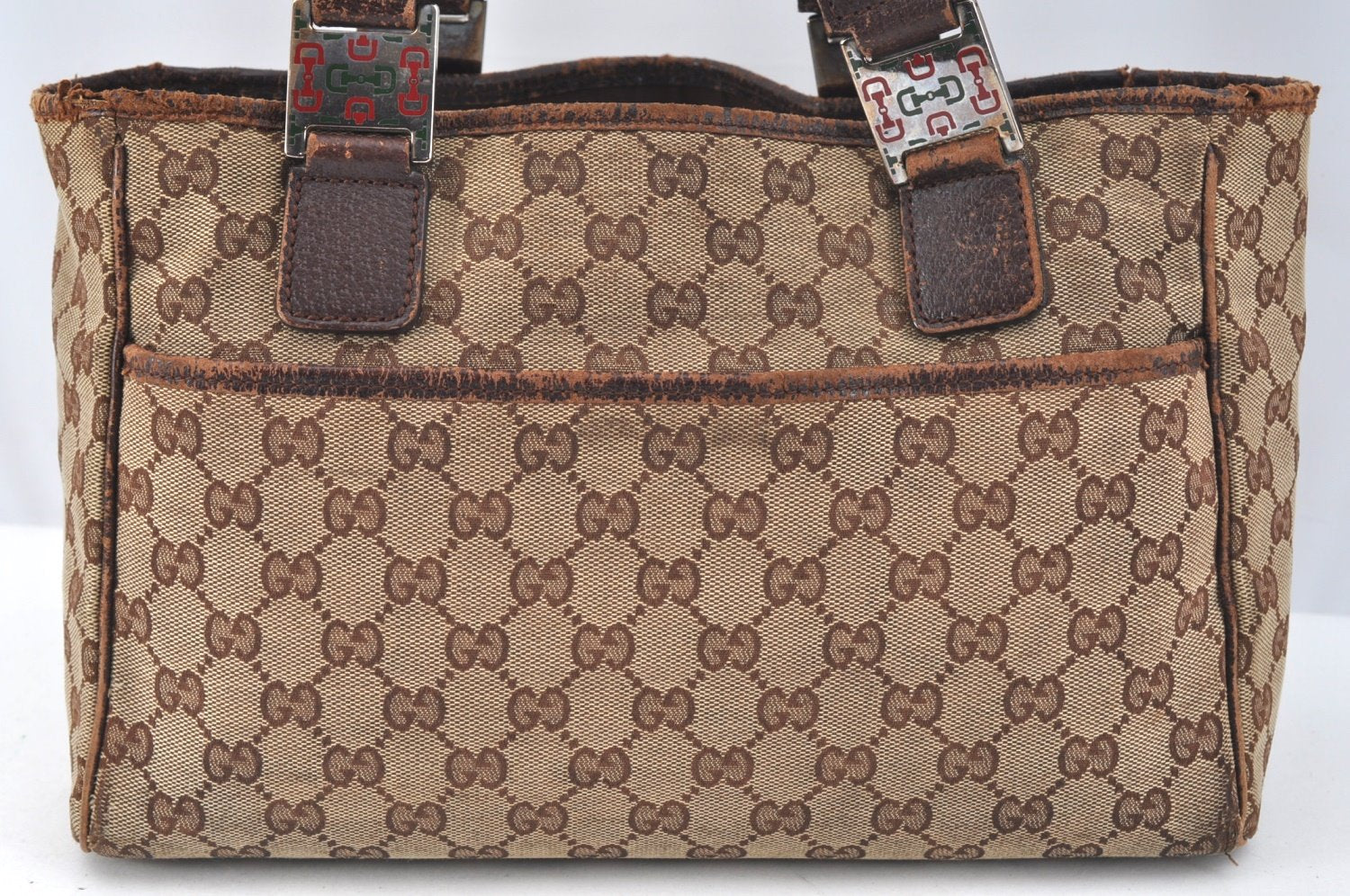 Authentic GUCCI Web Sherry Line Tote Bag GG Canvas Leather 145810 Brown K7126