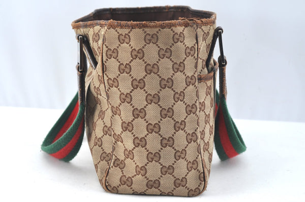 Authentic GUCCI Web Sherry Line Tote Bag GG Canvas Leather 145810 Brown K7126