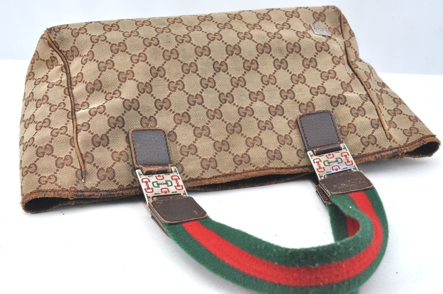 Authentic GUCCI Web Sherry Line Tote Bag GG Canvas Leather 145810 Brown K7126