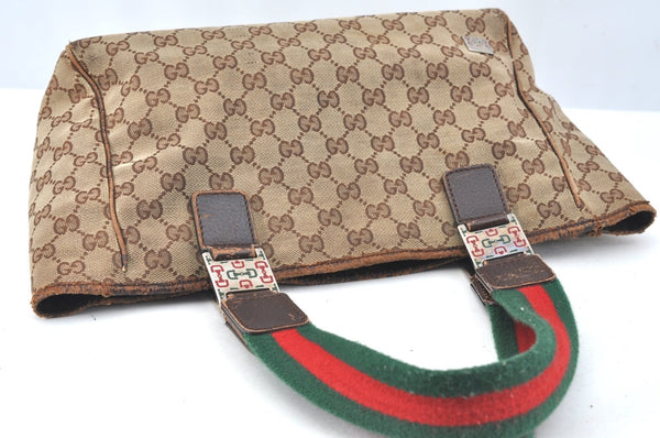 Authentic GUCCI Web Sherry Line Tote Bag GG Canvas Leather 145810 Brown K7126