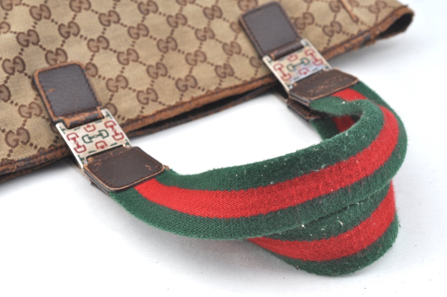 Authentic GUCCI Web Sherry Line Tote Bag GG Canvas Leather 145810 Brown K7126