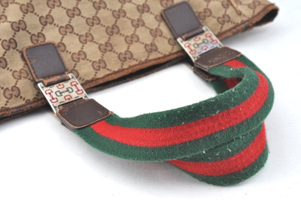 Authentic GUCCI Web Sherry Line Tote Bag GG Canvas Leather 145810 Brown K7126