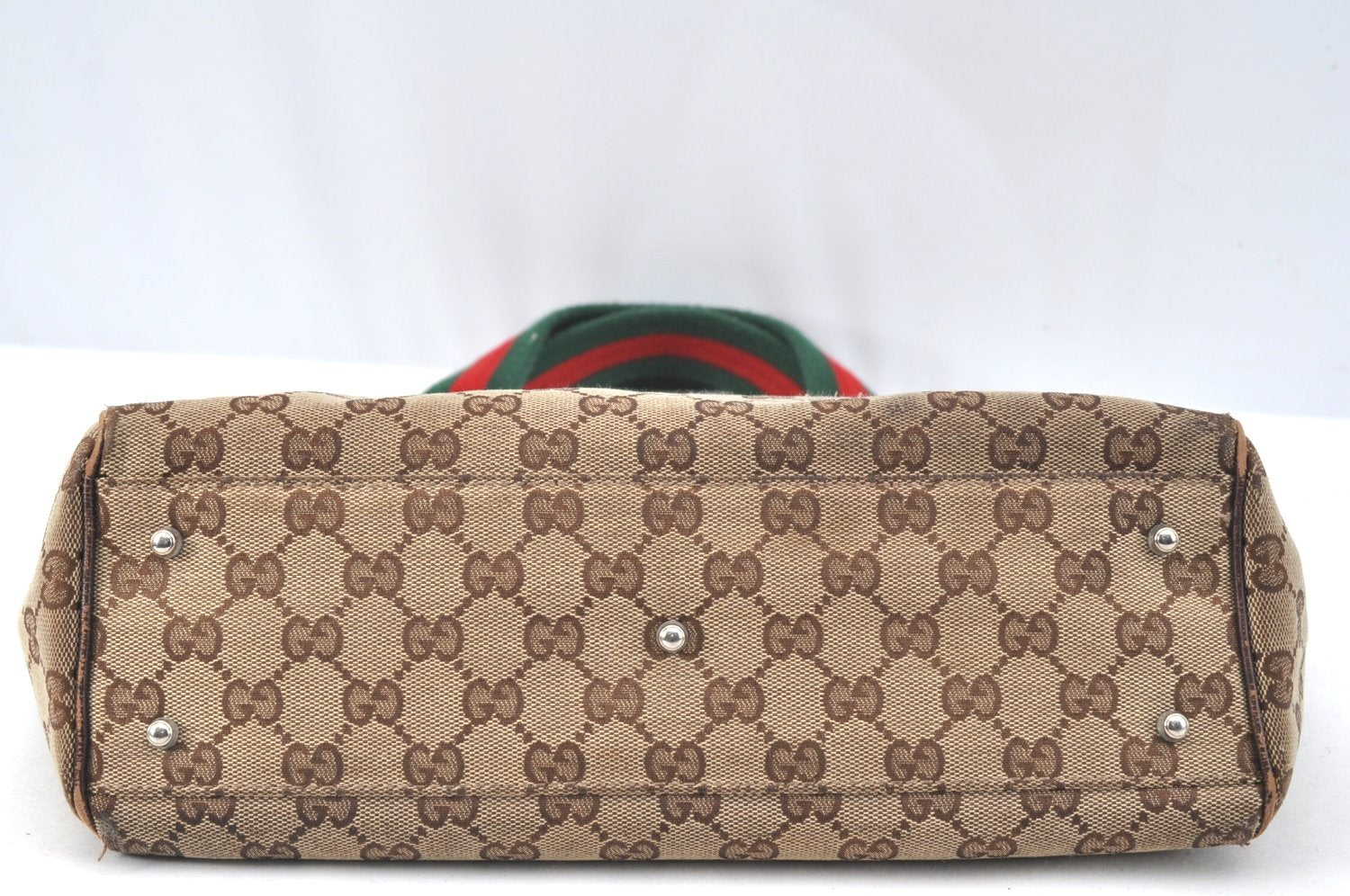 Authentic GUCCI Web Sherry Line Tote Bag GG Canvas Leather 145810 Brown K7126