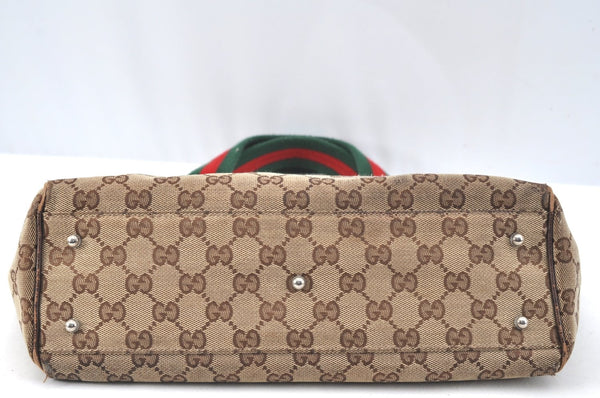 Authentic GUCCI Web Sherry Line Tote Bag GG Canvas Leather 145810 Brown K7126
