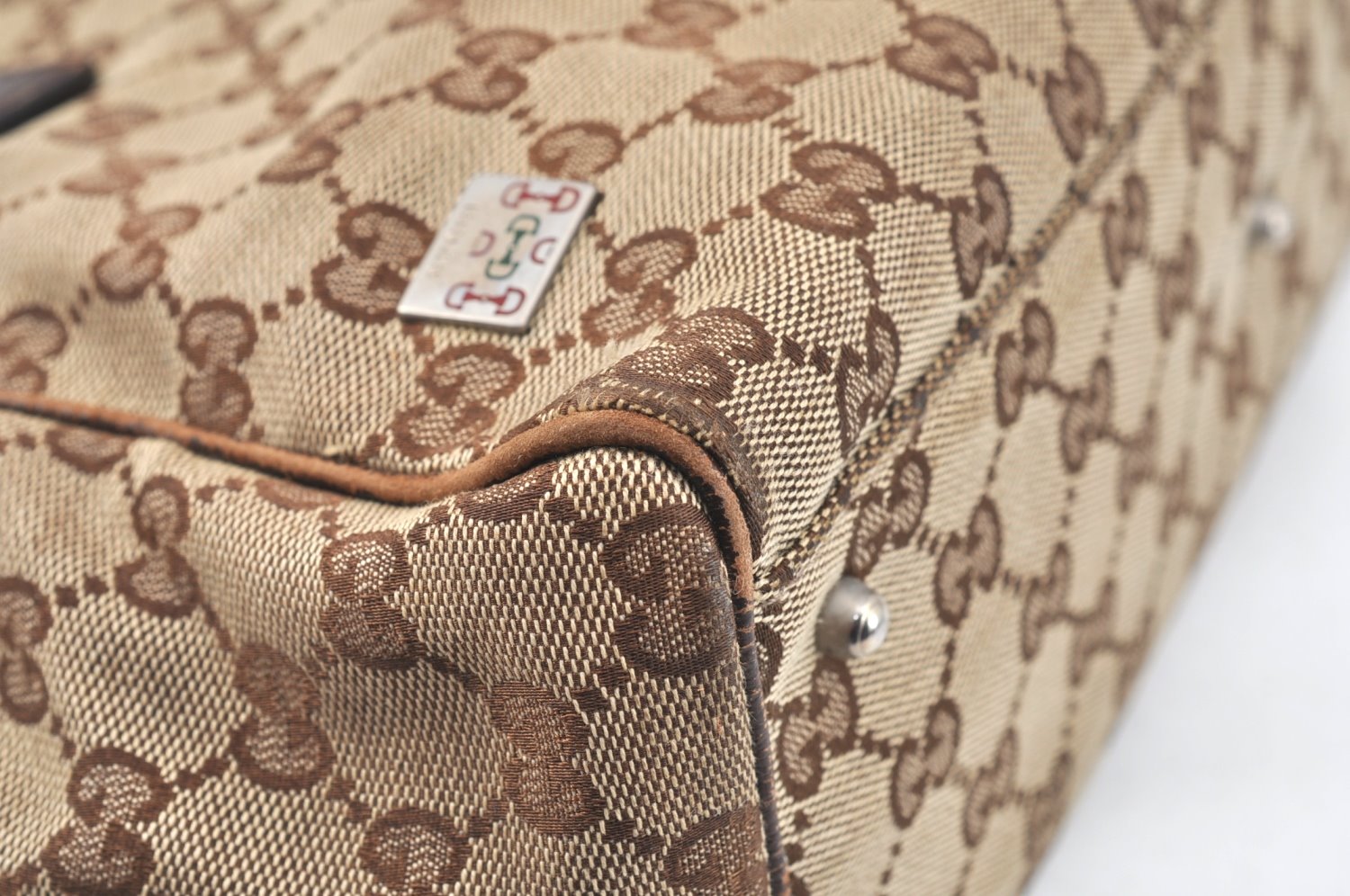Authentic GUCCI Web Sherry Line Tote Bag GG Canvas Leather 145810 Brown K7126