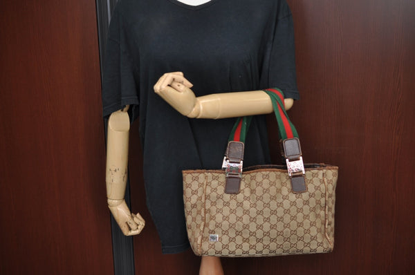 Authentic GUCCI Web Sherry Line Tote Bag GG Canvas Leather 145810 Brown K7126