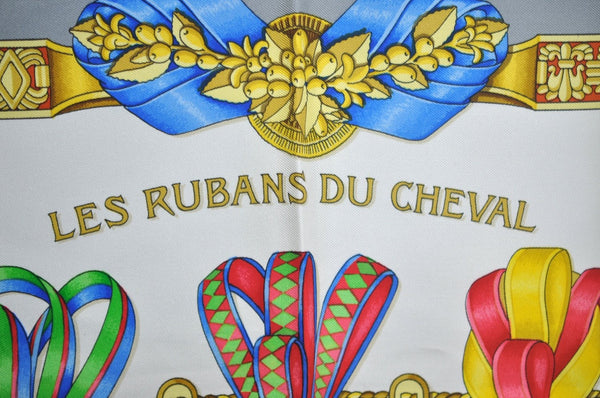 Authentic HERMES Carre 90 Scarf "LES RUBANS DU CHEVAL" Silk Gray K7217