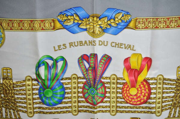Authentic HERMES Carre 90 Scarf "LES RUBANS DU CHEVAL" Silk Gray K7217