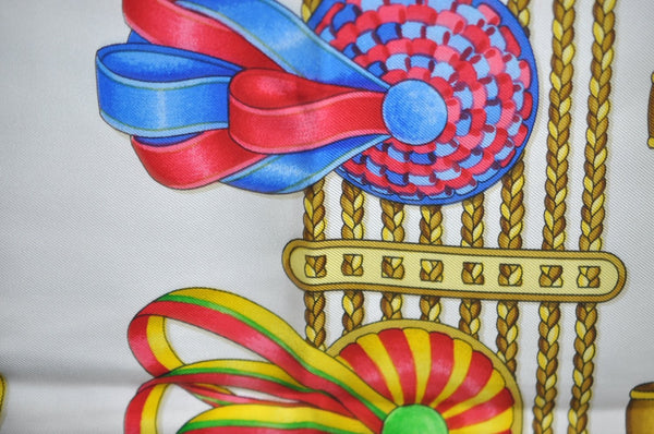 Authentic HERMES Carre 90 Scarf "LES RUBANS DU CHEVAL" Silk Gray K7217