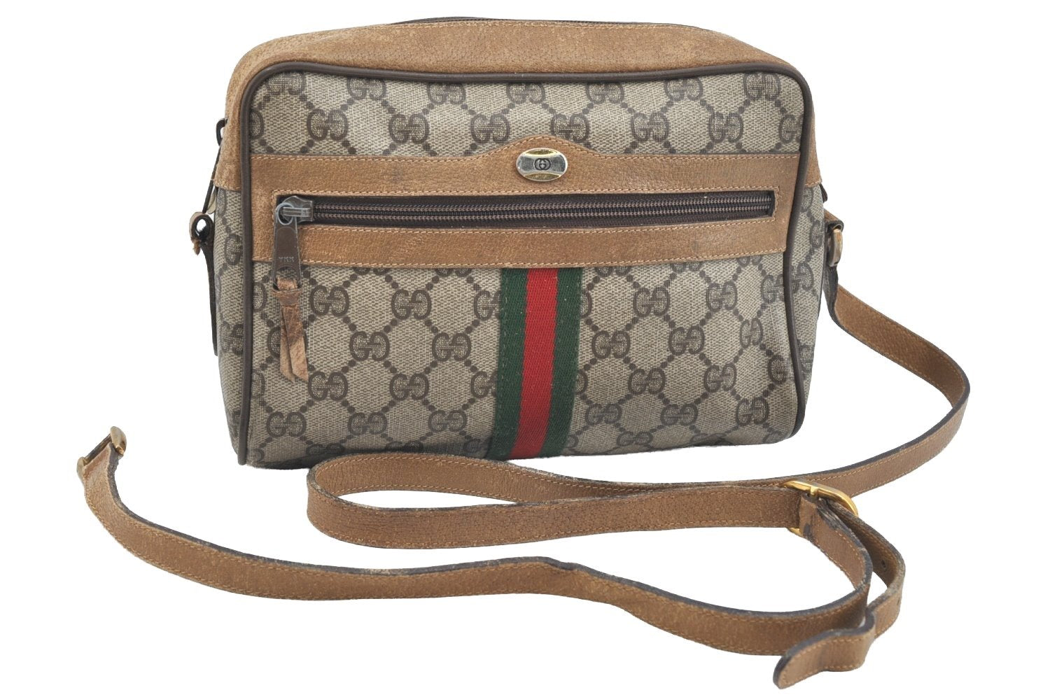 Authentic GUCCI Web Sherry Line Shoulder Bag GG PVC Leather Brown Junk K7250