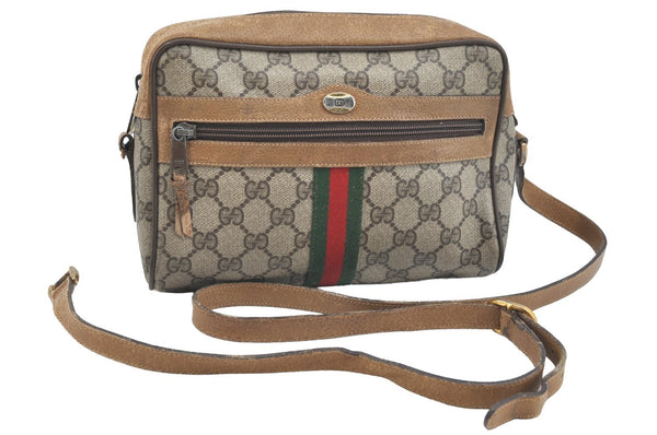 Authentic GUCCI Web Sherry Line Shoulder Bag GG PVC Leather Brown Junk K7250