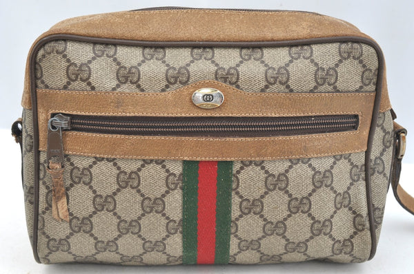 Authentic GUCCI Web Sherry Line Shoulder Bag GG PVC Leather Brown Junk K7250