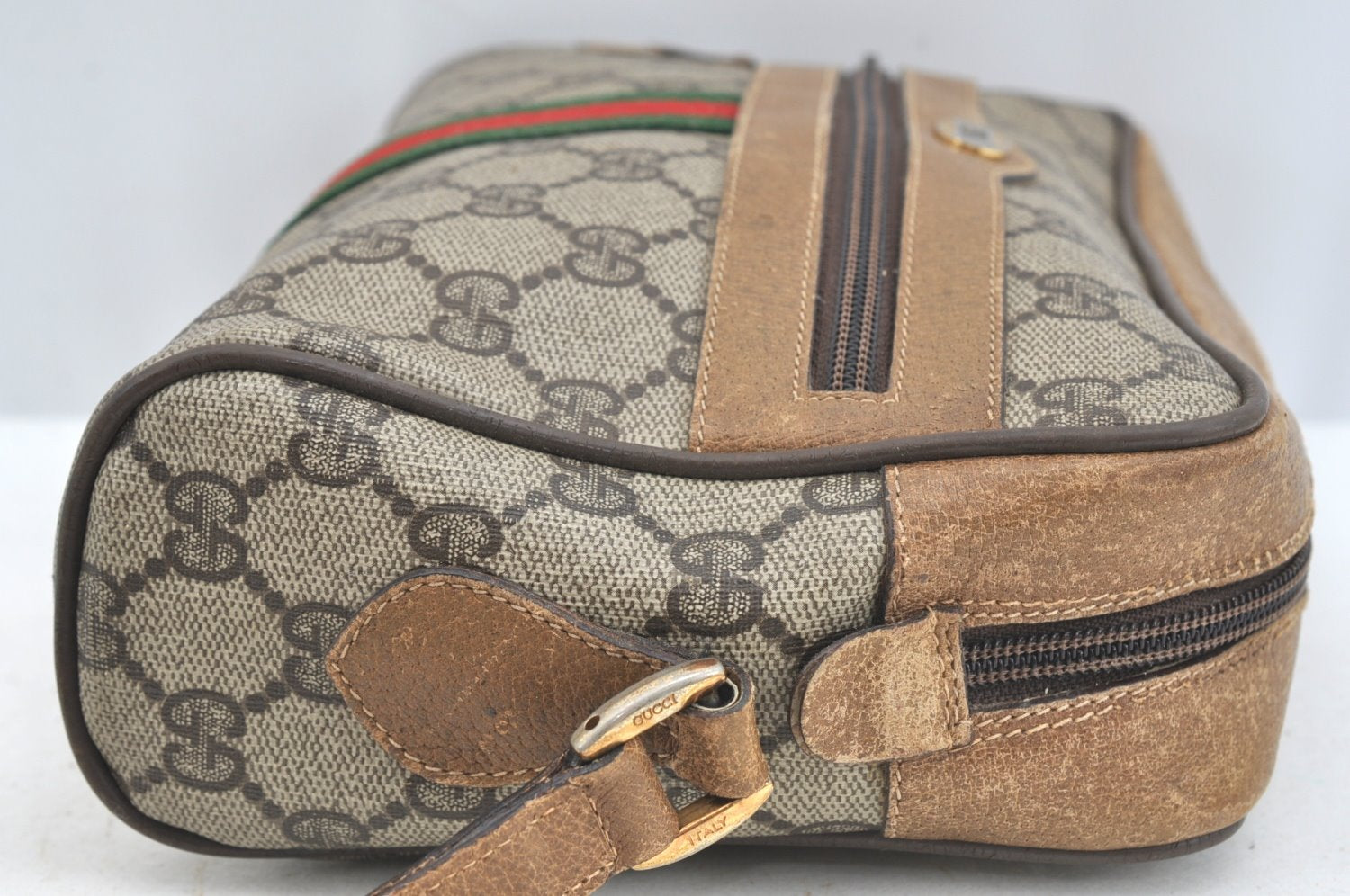 Authentic GUCCI Web Sherry Line Shoulder Bag GG PVC Leather Brown Junk K7250
