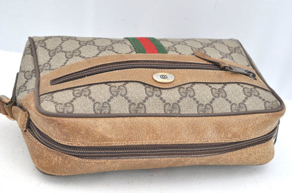 Authentic GUCCI Web Sherry Line Shoulder Bag GG PVC Leather Brown Junk K7250