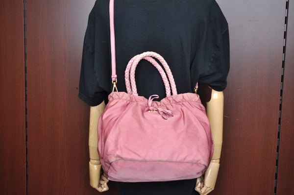Authentic PRADA Nylon Tessuto Leather 2Way Shoulder Hand Tote Bag Pink K7256