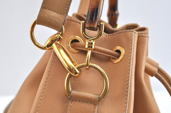 Authentic GUCCI Bamboo 2Way Shoulder Drawstring Bag Leather Beige Junk K7281