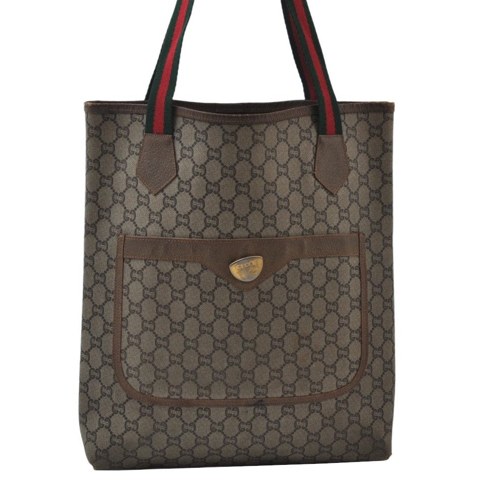 Authentic GUCCI Web Sherry Line GG Plus Tote Bag GG PVC Leather Brown K7286