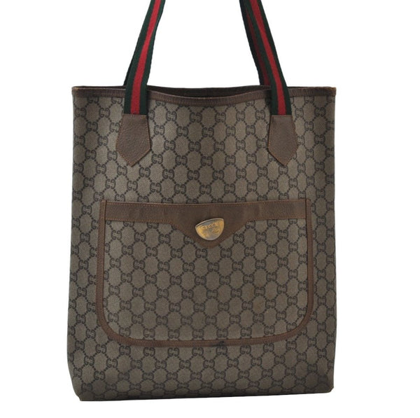 Authentic GUCCI Web Sherry Line GG Plus Tote Bag GG PVC Leather Brown K7286