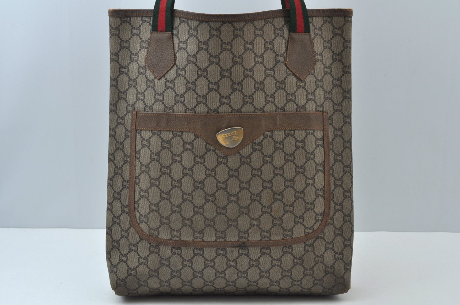 Authentic GUCCI Web Sherry Line GG Plus Tote Bag GG PVC Leather Brown K7286