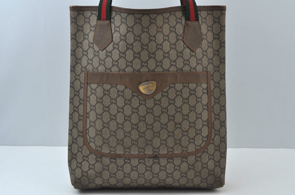 Authentic GUCCI Web Sherry Line GG Plus Tote Bag GG PVC Leather Brown K7286