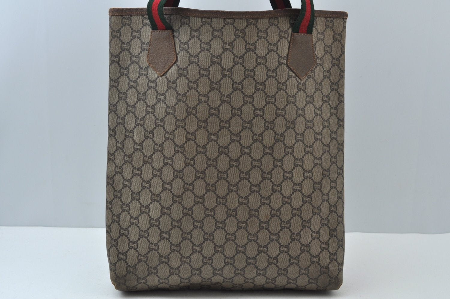 Authentic GUCCI Web Sherry Line GG Plus Tote Bag GG PVC Leather Brown K7286