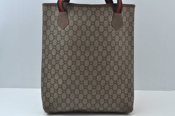 Authentic GUCCI Web Sherry Line GG Plus Tote Bag GG PVC Leather Brown K7286