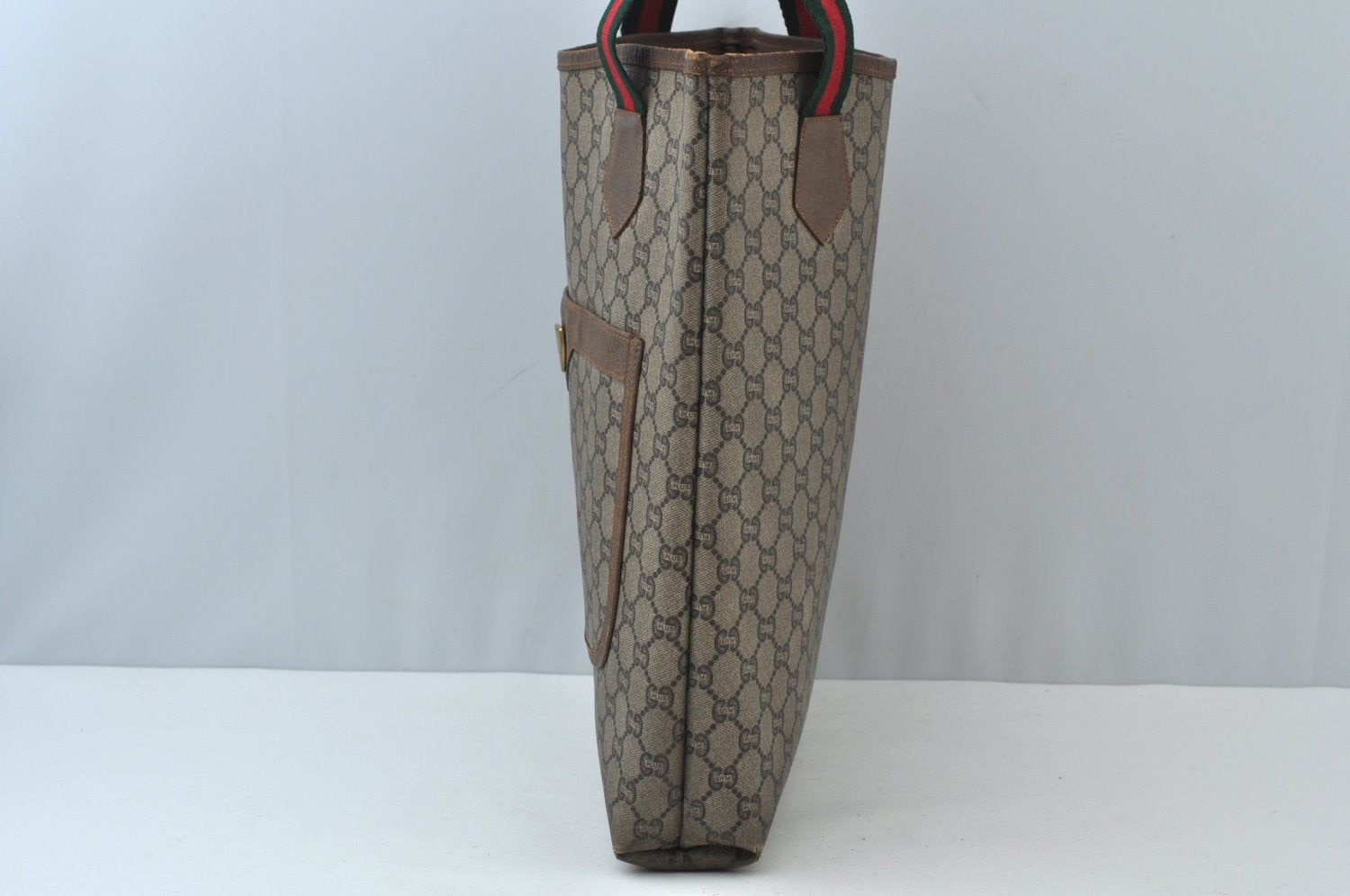 Authentic GUCCI Web Sherry Line GG Plus Tote Bag GG PVC Leather Brown K7286