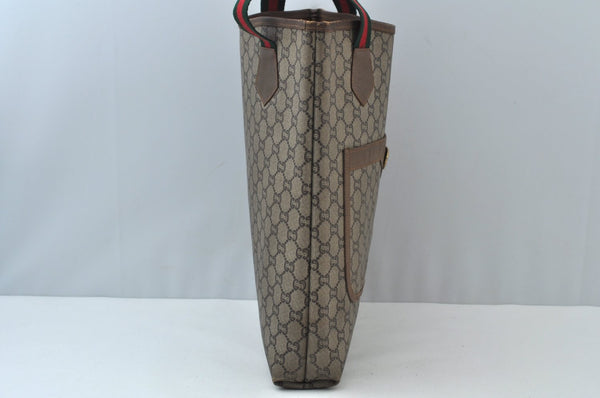 Authentic GUCCI Web Sherry Line GG Plus Tote Bag GG PVC Leather Brown K7286