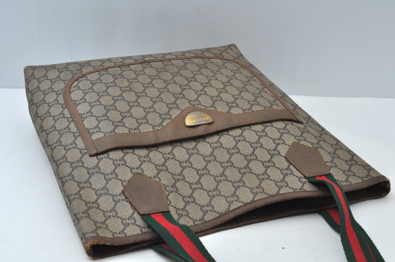 Authentic GUCCI Web Sherry Line GG Plus Tote Bag GG PVC Leather Brown K7286