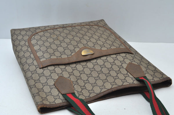 Authentic GUCCI Web Sherry Line GG Plus Tote Bag GG PVC Leather Brown K7286