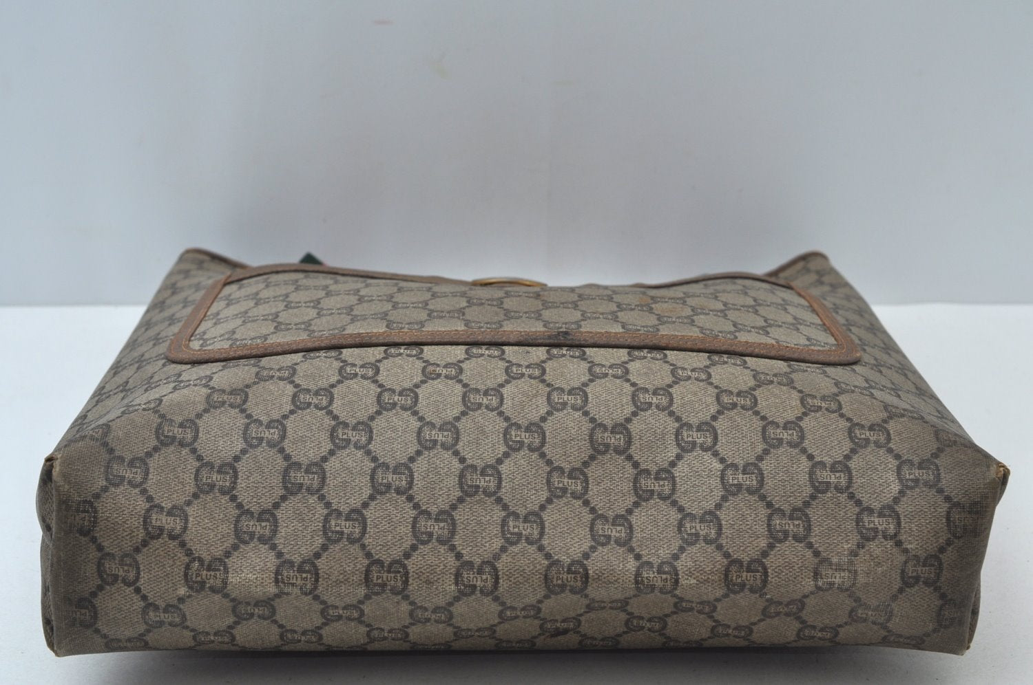 Authentic GUCCI Web Sherry Line GG Plus Tote Bag GG PVC Leather Brown K7286