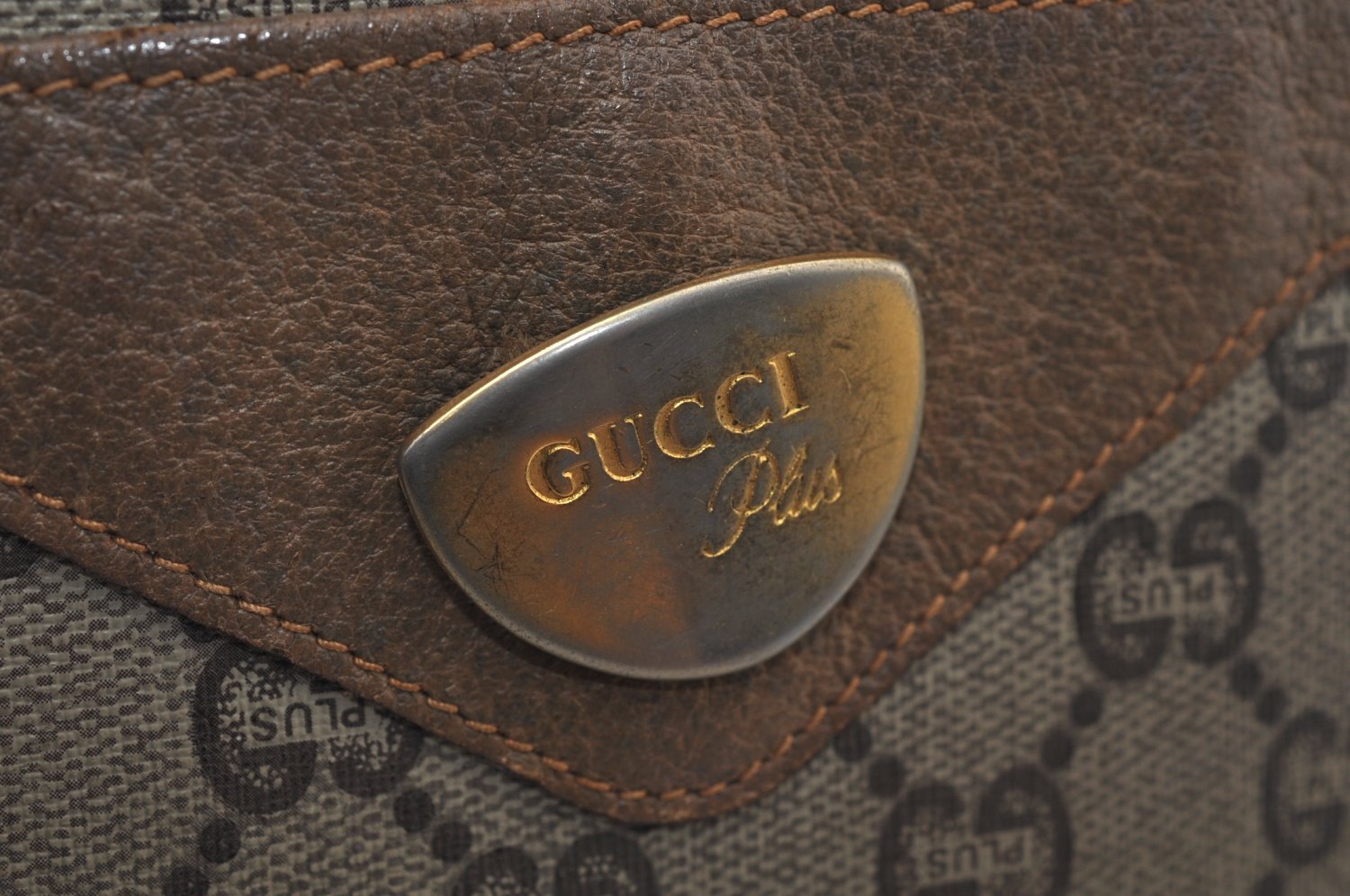 Authentic GUCCI Web Sherry Line GG Plus Tote Bag GG PVC Leather Brown K7286