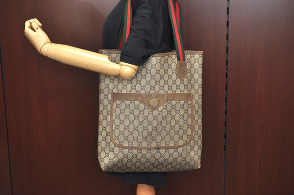 Authentic GUCCI Web Sherry Line GG Plus Tote Bag GG PVC Leather Brown K7286