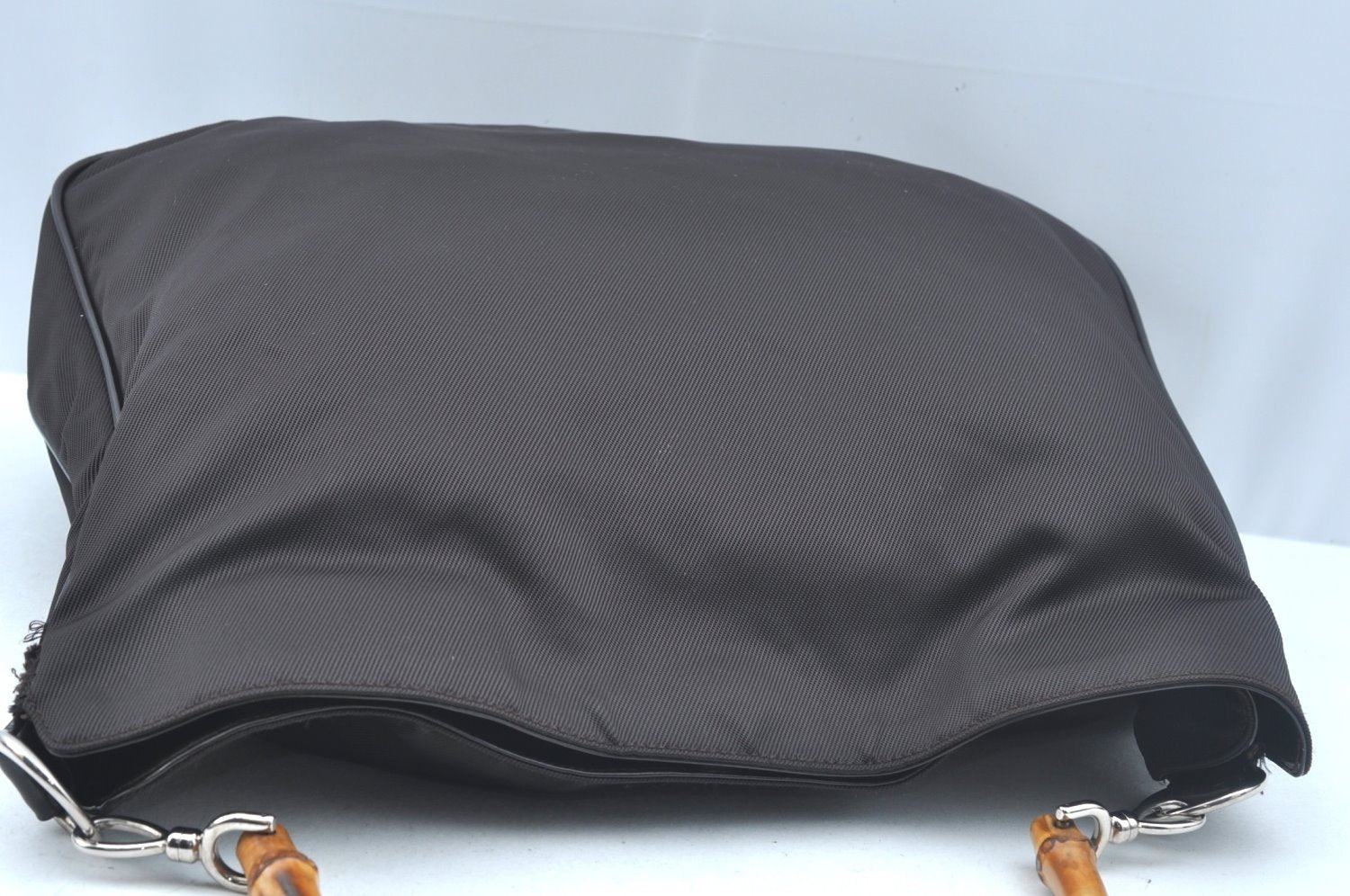 Authentic GUCCI Vintage Bamboo 2Way Shoulder Hand Bag Nylon Leather Brown K7293