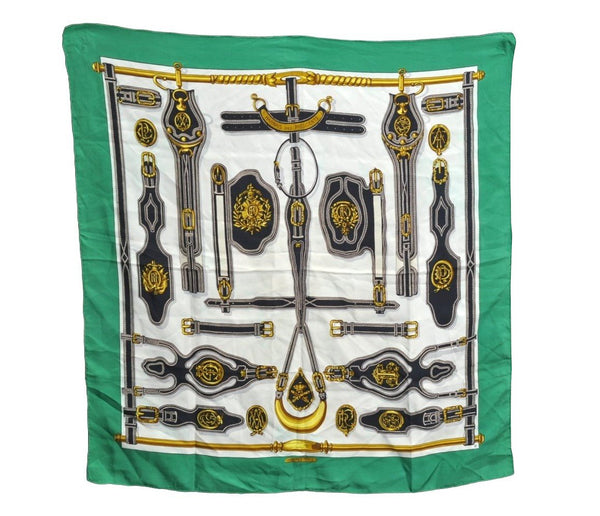 Authentic HERMES Carre 90 Scarf "Harnais des Presidents" Silk Green K7326