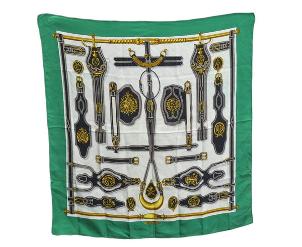 Authentic HERMES Carre 90 Scarf "Harnais des Presidents" Silk Green K7326